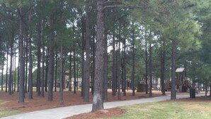 A park with a paved walkway, tall pine trees, and a playground structure. - Nice Family Friendly, WalMart and HEB & Wallgreens Walking, Iron Man. (The Woodlands)