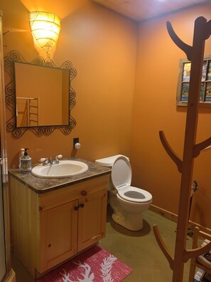 Combined shower/tub, hair dryer, towels, soap