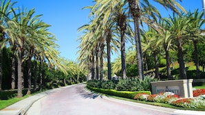 A paved road lined with tall palm trees and a sign reading "Ritz-Pointe". - Beach Walk to Salt Creek Beach for Surf and Sun - Air Conditioned STR15-0392 (Dana Point)