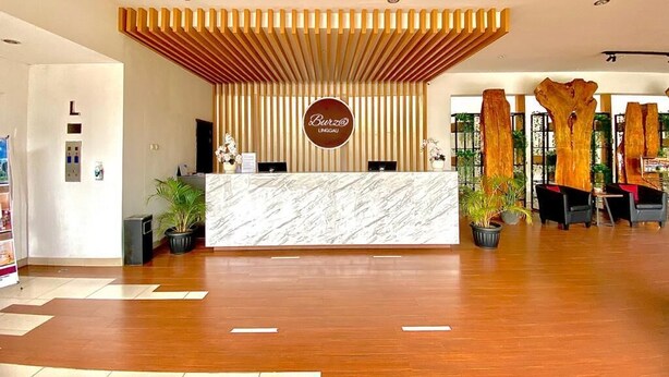 Zona de recepción de un hotel con mostrador de mármol, listones de madera en el techo y plantas en macetas.