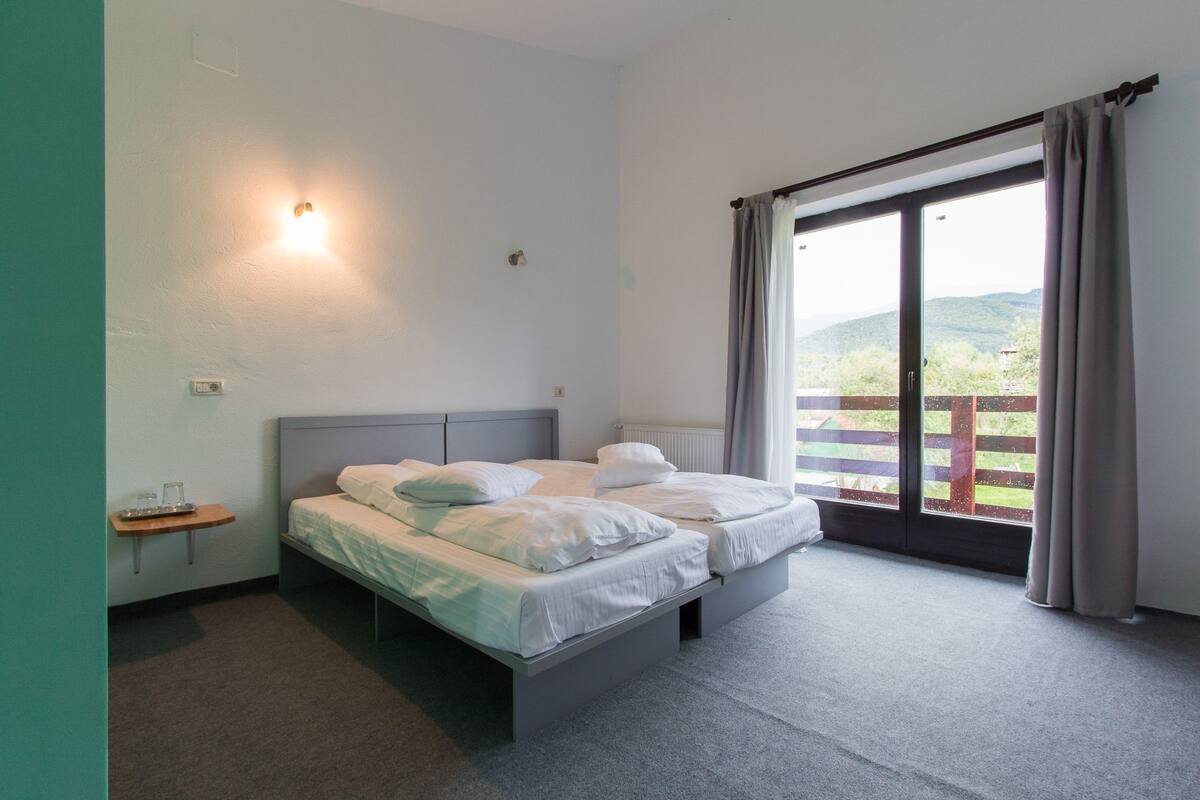 Habitación panorámica - 1 cama matrimonial o 2 individuales, vista a la montaña | Escritorio, tabla de planchar con plancha, wifi gratis y ropa de cama