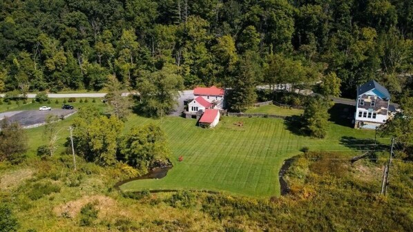 An aerial view of a property with two houses, a large lawn, and a forested area. - Charming Cottage in the Village of Warm Springs with Warm Thermal Spring (Warm Springs)