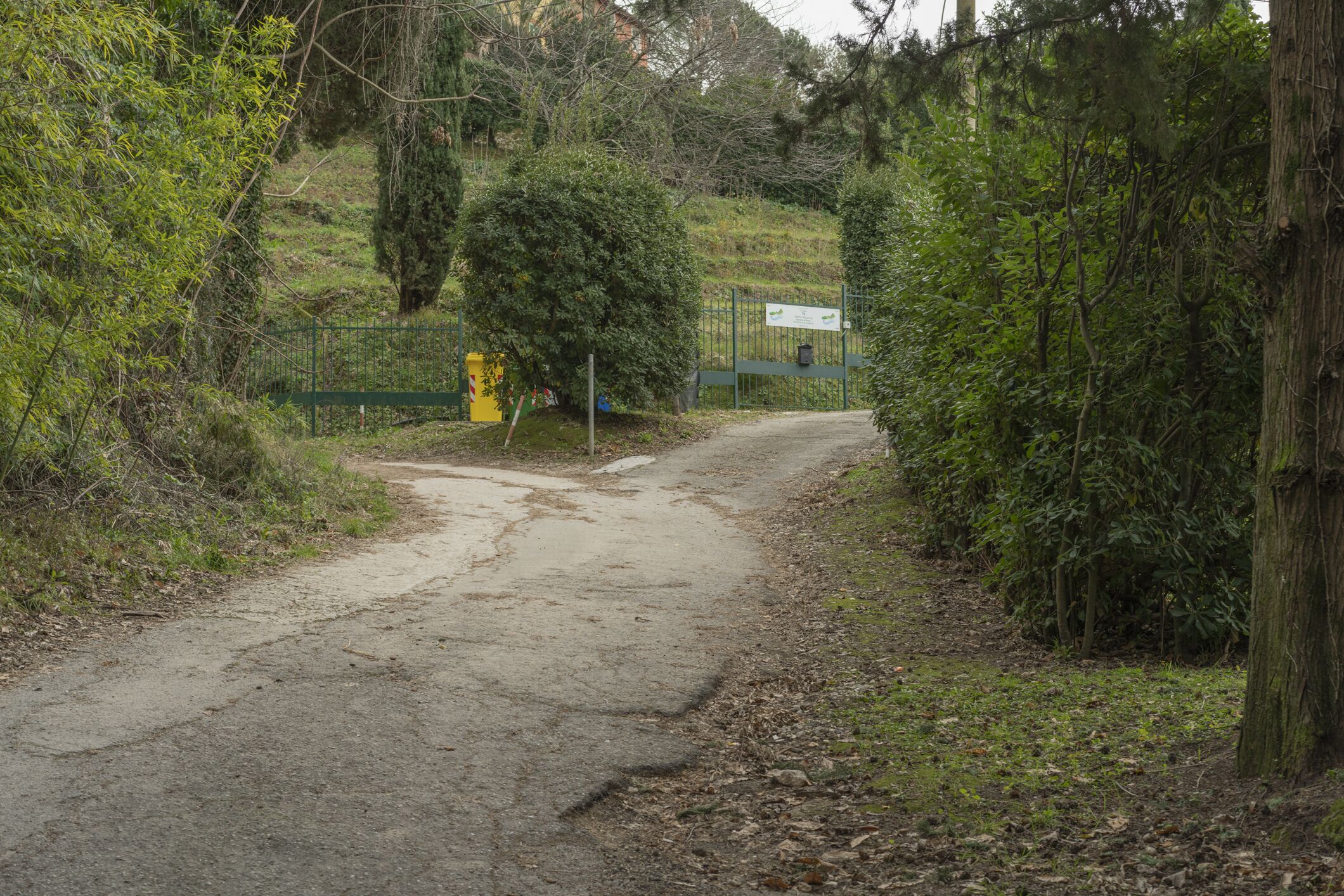 A dirt path leading to a fenced area with a sign.