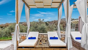 A wooden deck with two white cushioned lounge chairs, each with a blue pillow, under a canopy. A stone wall and a view of trees and hills are visible in the background.