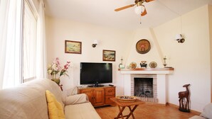 Ein Wohnzimmer mit Sofa, Fernseher, Kamin und Dekoration.
