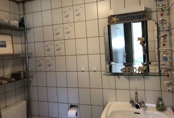 A bathroom with a tiled wall, a mirror, a sink, and a toilet paper holder. - Charming vacation home on the quiet outskirts of the village (Ouddorp)