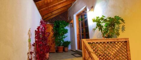 A narrow hallway with wooden ceiling beams, potted plants, and a wooden lattice partition.