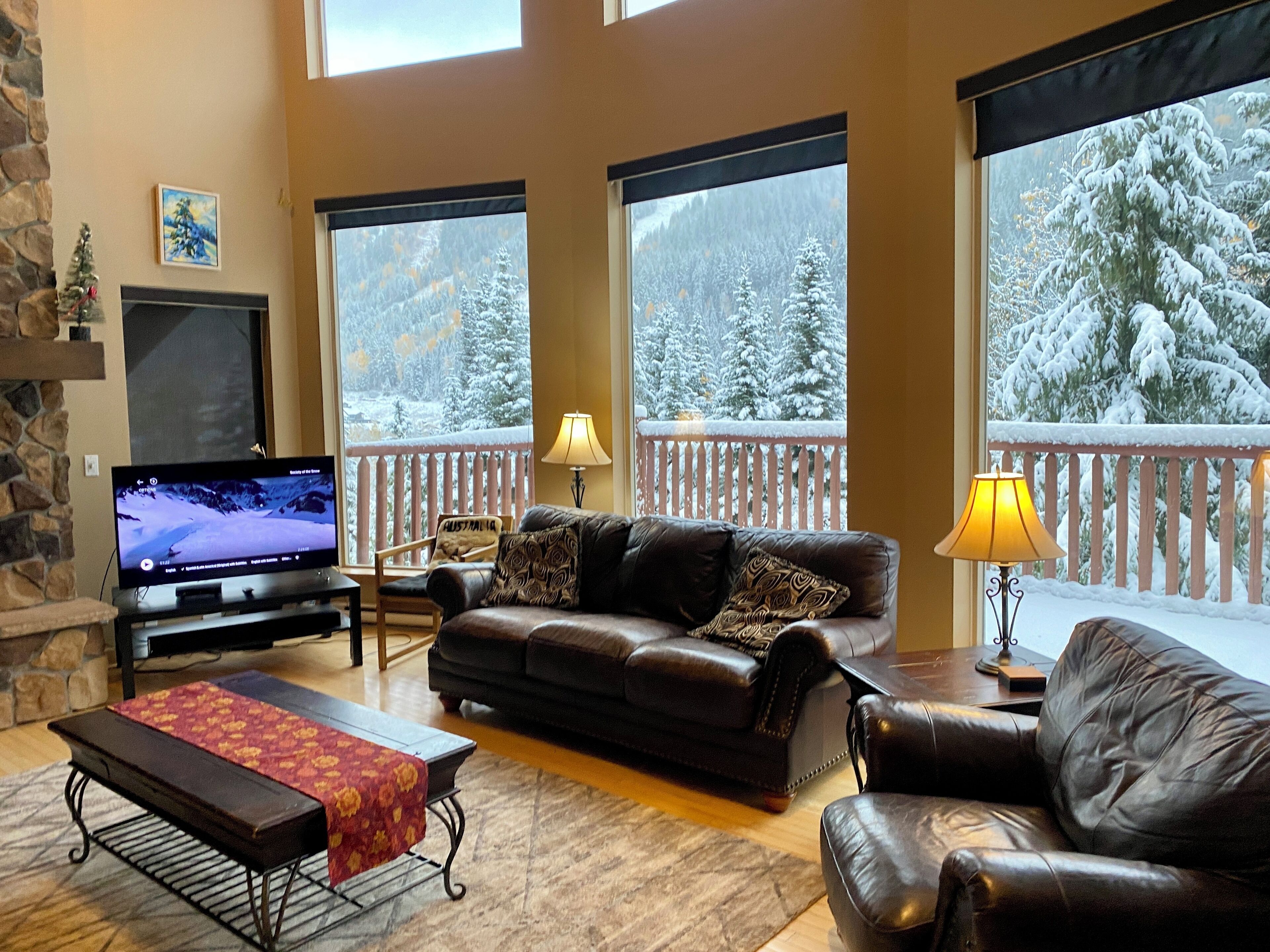 Een gezellige woonkamer met een open haard, een televisie, een bank en grote ramen met uitzicht op besneeuwde bergen.