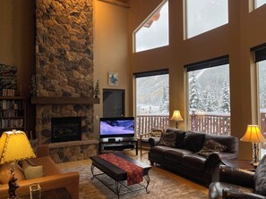 Smart TV, fireplace, books, music library