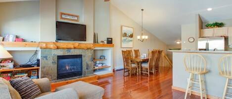 TV, fireplace, DVD player, books