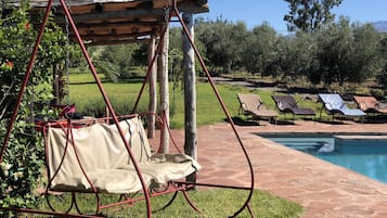 Outdoor pool, pool umbrellas, sun loungers