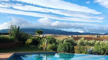 Una piscina al aire libre, sombrillas, sillones reclinables de piscina