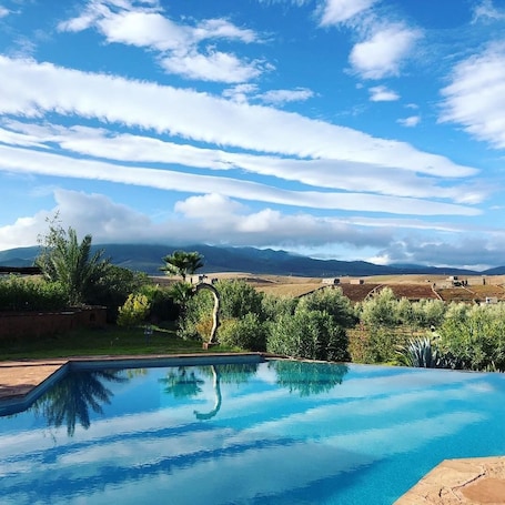 Outdoor pool, pool umbrellas, sun loungers