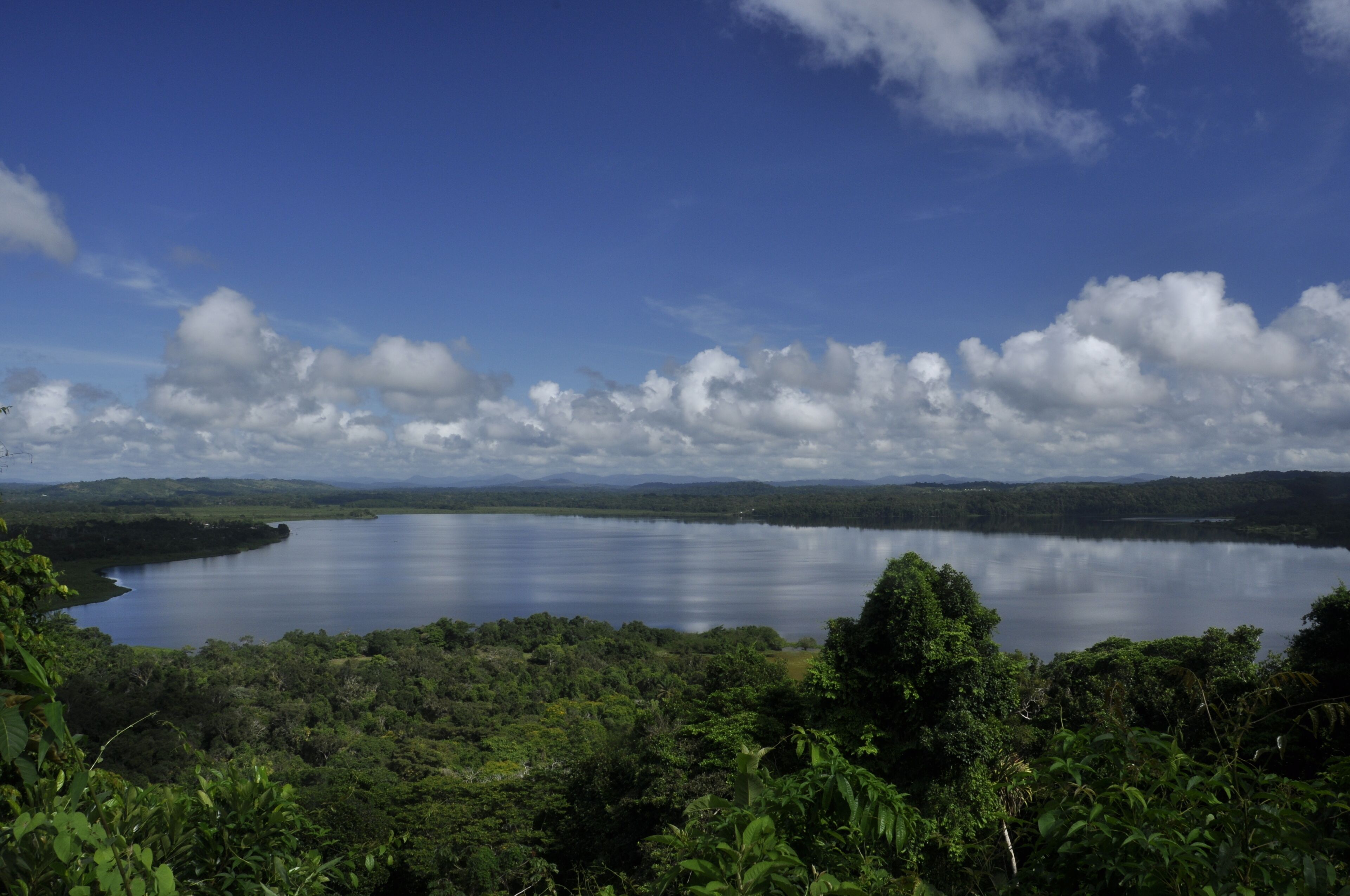 A large body of water surrounded by dense forest and hills.