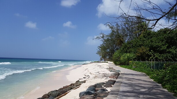 A beach with a concrete walkway, rocky shoreline, and palm trees. - 2 minute Walk to Beach, Newly Renovated, 2 Bed 2 Bath Apartment #1
Shenstone (Rockley)