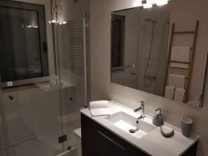 Shower, hair dryer, bidet, towels