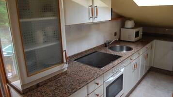 Fridge, microwave, stovetop, cookware/dishes/utensils