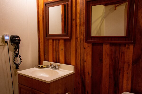 A bathroom with wooden paneling, a white sink with a mirror above it, and a hairdryer plugged in. - The Sawmill Suite at Panther Valley Ranch (Hot Springs)