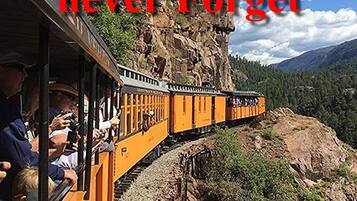 A train ride through a mountainous area with a rocky cliffside and forested hills in the background.