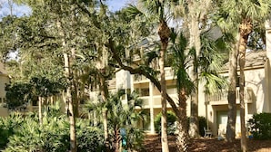 Ein Gebäude mit mehreren Balkonen, umgeben von üppiger Vegetation und Palmen.