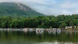 A lake with boats docked, surrounded by dense forest and a mountain in the background.