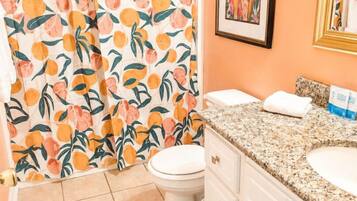 Combined shower/tub, hair dryer, towels, soap