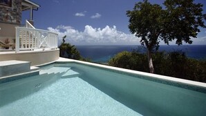 Una piscina con vistas al océano y un edificio de piedra.
