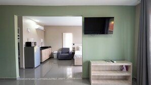 A modern hotel room with a kitchenette, a flat-screen TV, a seating area, and a view of the hallway. - Delynne Boutique Hotel (Willemstad)