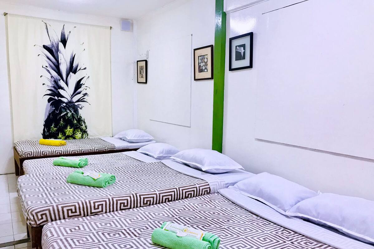 Habitación de hotel con dos camas, cada una con ropa de cama estampada y toallas verdes. Hay una decoración de piña en una cama, y cuadros en la pared.