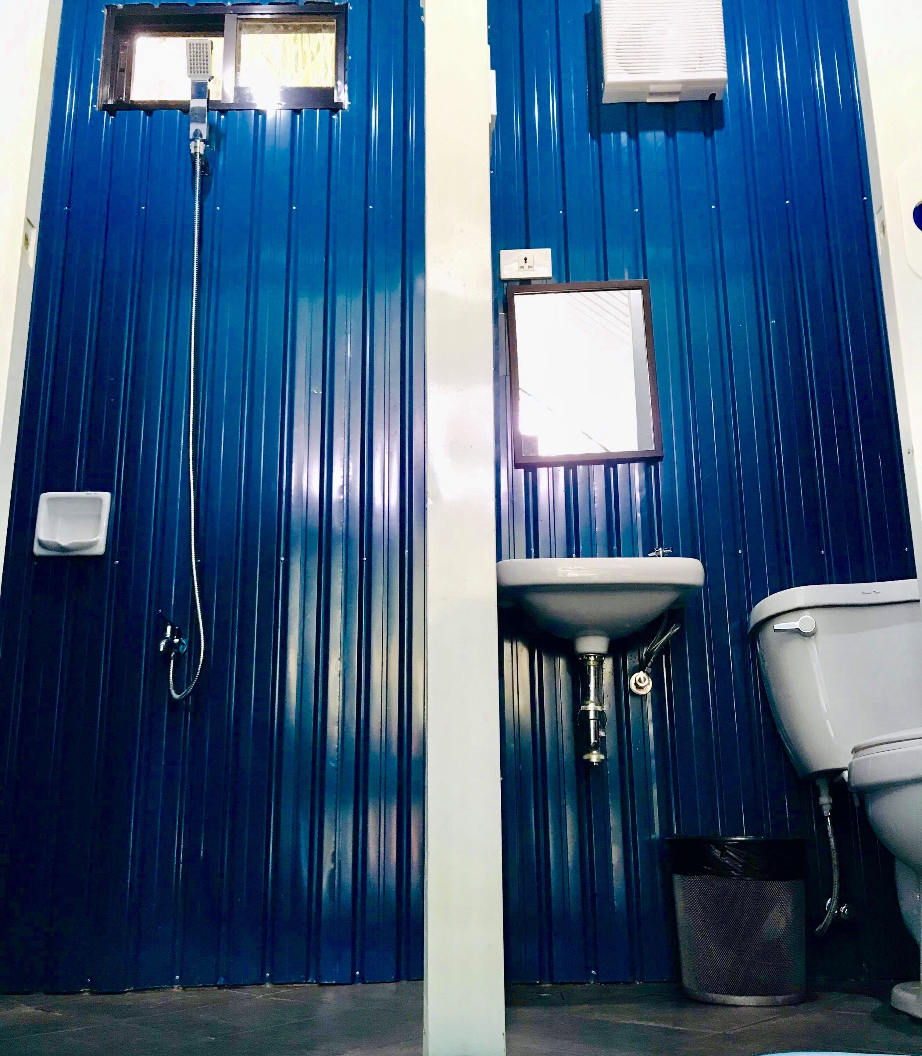 Un baño con puerta azul, lavamanos, inodoro y ducha.