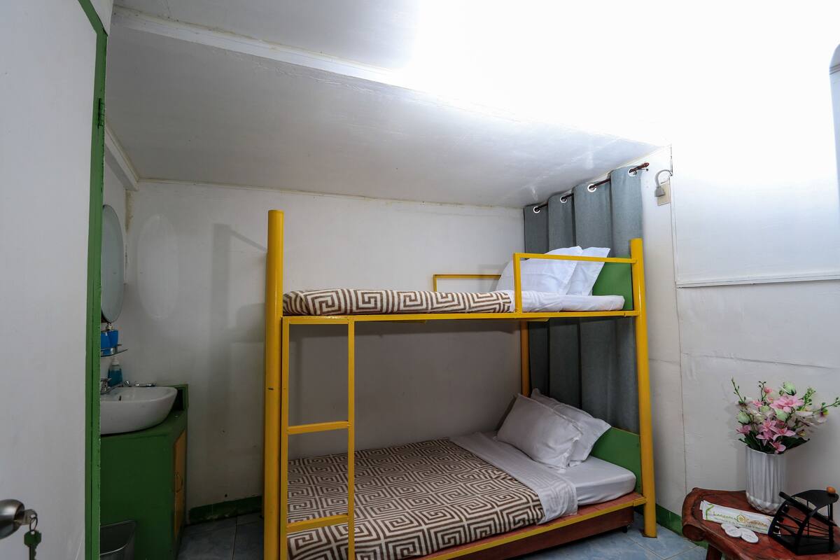 Habitación con literas, un armario verde, un lavabo y un florero con flores.
