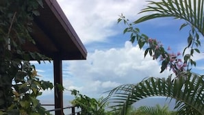 Un sendero que lleva a una construcción de madera con vista al océano.