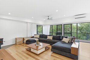 Televisie, een open haard, een dvd-speler en boeken