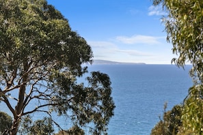 A coastal landscape with a tree in the foreground and a view of the sea and distant land.