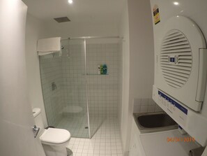 Ducha, secador de pelo, toallas y jabón