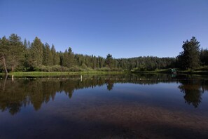 A calm lake with a clear reflection of trees and a dock.
