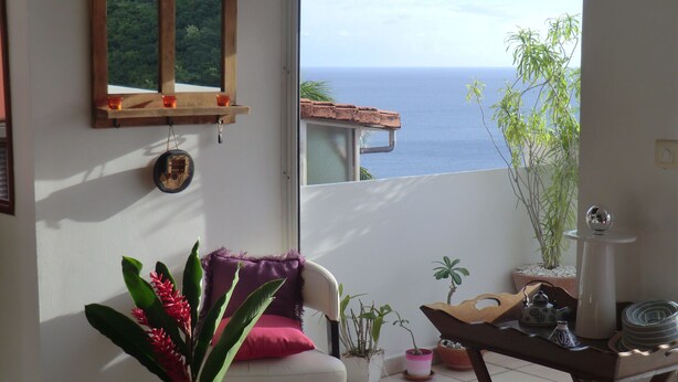 A balcony with a view of the sea, a chair with a purple cushion, and several potted plants. - Exceptional Seaview - All The Comforts You Need (Schoelcher)