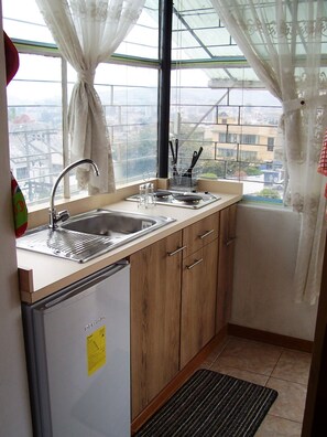 Fridge, microwave, stovetop, coffee/tea maker