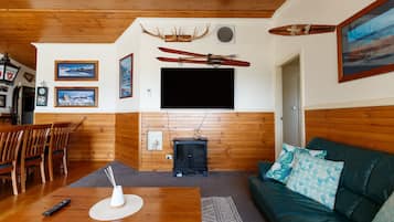 Smart TV, fireplace, video games, DVD player