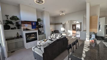 Smart TV, fireplace, foosball, table tennis