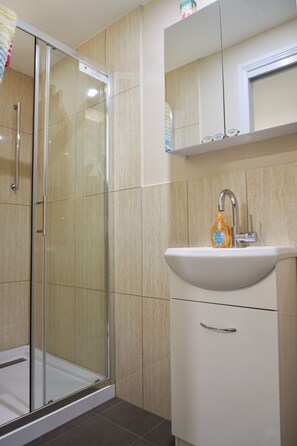 Douche, sèche-cheveux, serviettes fournies, shampoing