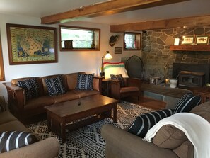 Open-concept living room with terrace access and wood-burning stove. 