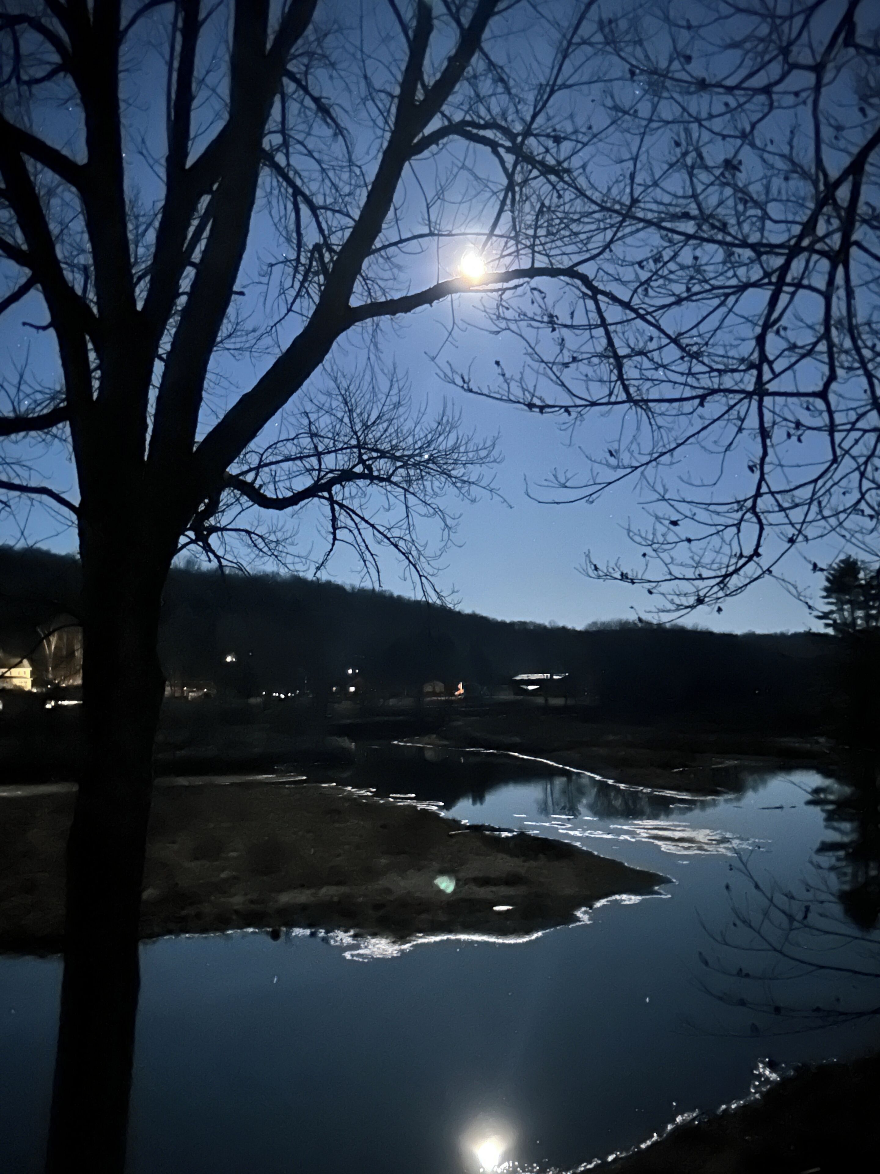 Une vue nocturne d’une rivière où se reflètent les lumières, entourée d’arbres et de bâtiments éloignés.