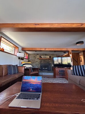 Älytelevisio, takka, DVD-soitin, kirjoja