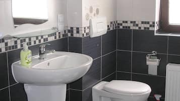 Hair dryer, towels, soap, toilet paper