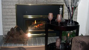 A fireplace with a brick wall, a log fire, and a glass shelf with wine glasses and a bottle.