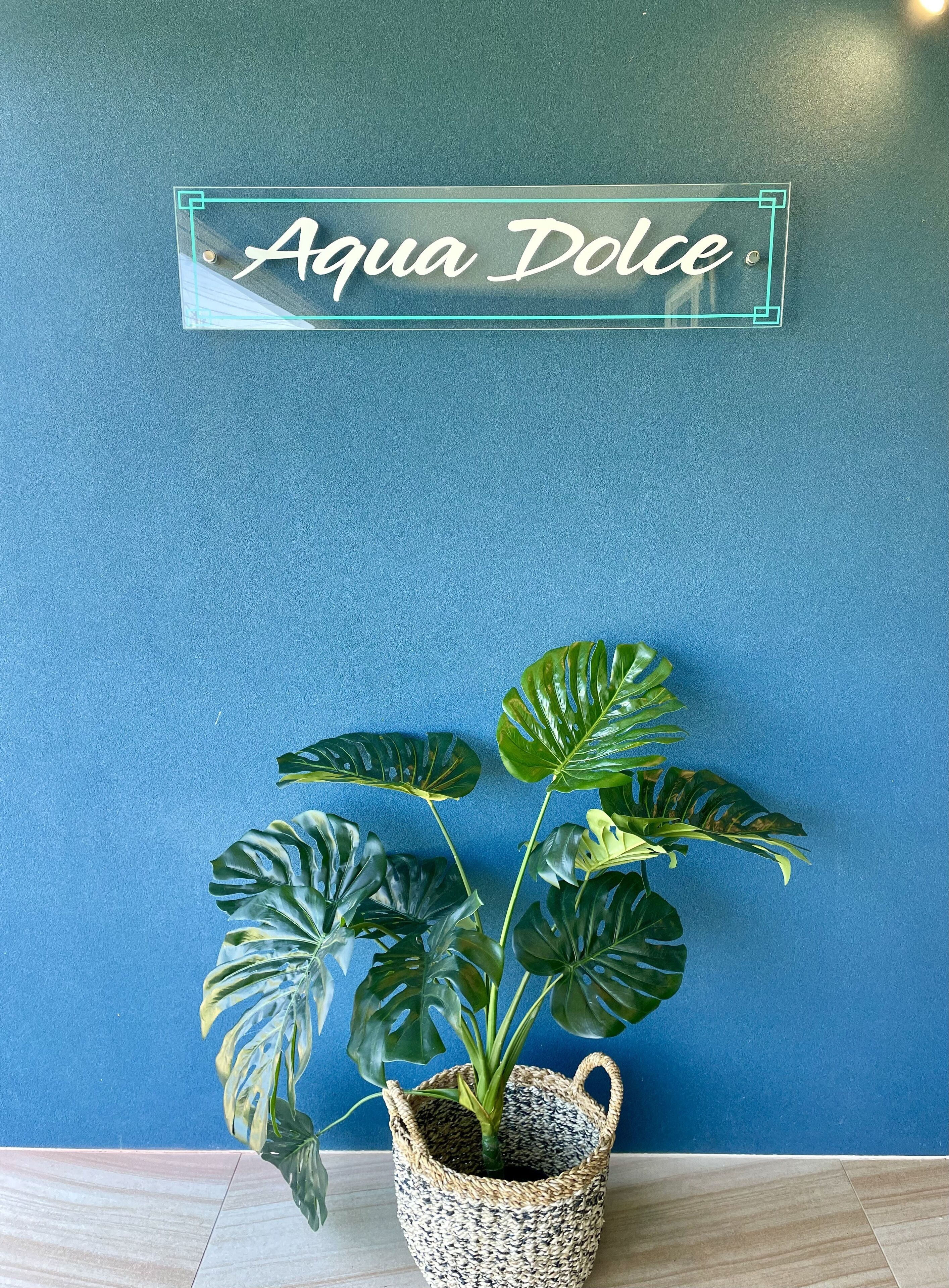 A potted plant with large leaves in front of a wall with a sign that reads "Aqua Dolce".