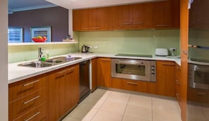 Coffee/tea maker, fridge, microwave, oven