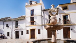 Un patio con una fuente y una estatua de un caballo, rodeado de edificios blancos con balcones y ventanas.