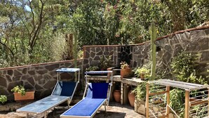 A stone wall with a small pool, two lounge chairs, and potted plants. - Silvia A/B - SILVIA B (Capoliveri)
